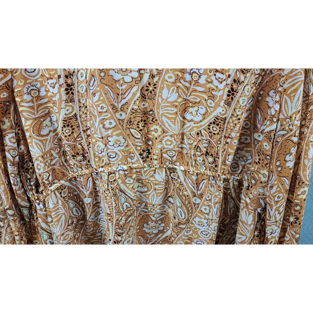 Melloday Blouse Women XL 40" Smocked Floral Peasant Elastic Sleeves Gold Sheer - Picture 6 of 15